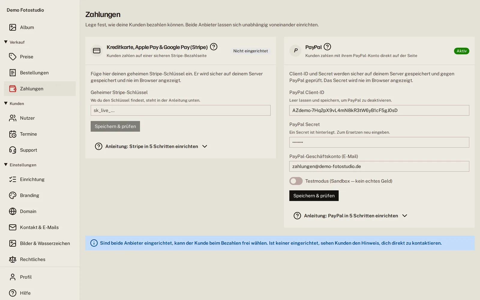 Einstellungsseite Zahlungen: Stripe und PayPal nebeneinander, PayPal ist aktiv